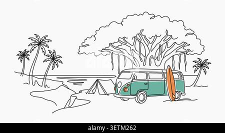 Disegno minimalista a linea continua di un camper d'epoca parcheggiato sulla spiaggia con tavola da surf, tenda, palme e un grande albero. Illustrazione Vettoriale