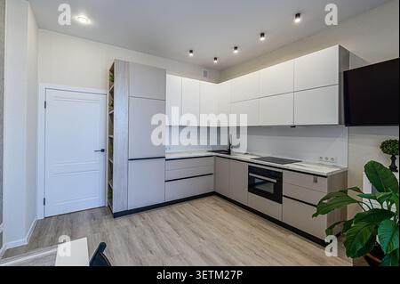 Una cucina moderna con armadi bianchi e grigi, ripiani in marmo ed eleganti elettrodomestici. La sala è ben illuminata e include una porta e piante in vaso Foto Stock