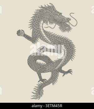 Antico drago giapponese tradizionale, illustrazione in stile disegno con incisione vintage Illustrazione Vettoriale