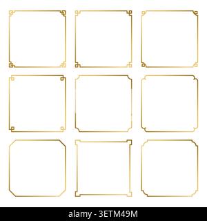 Set di eleganti bordi lineari geometrici dorati con ornamenti vintage su sfondo bianco Illustrazione Vettoriale