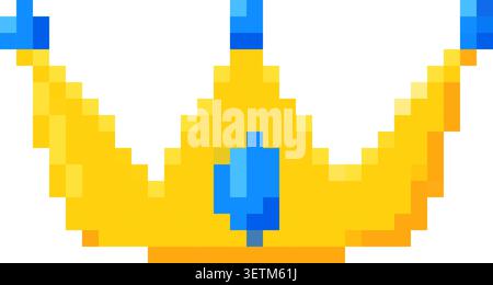 Icona della corona pixel giallo blu stile di gioco a otto bit retrò. Illustrazione Vettoriale