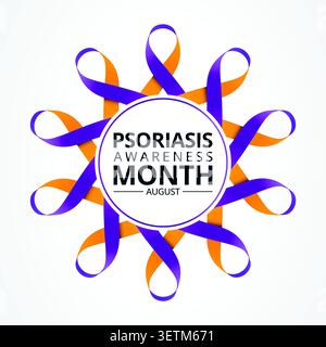 Il mese di sensibilizzazione della psoriasi si osserva ogni anno in agosto, è una condizione della pelle che provoca macchie rosse, flaky, croccanti di pelle ricoperte di argenteo Illustrazione Vettoriale