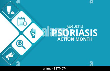 Il mese di sensibilizzazione della psoriasi si osserva ogni anno in agosto, è una condizione della pelle che provoca macchie rosse, flaky, croccanti di pelle ricoperte di argenteo Illustrazione Vettoriale