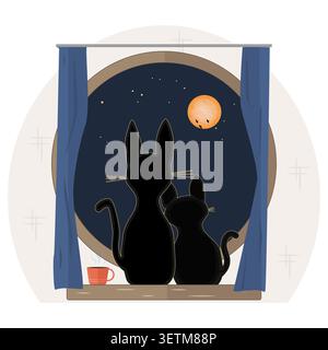 Due gatti neri seduti sul davanzale e che guardano la luna piena attraverso una finestra rotonda. Un paio di simpatici gatti neri che guardano fuori. Accogliente concetto serale Illustrazione Vettoriale