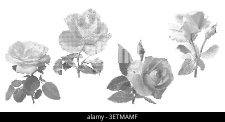 Collage con texture a punti mezzitoni retrò con fiore di rosa Illustrazione Vettoriale