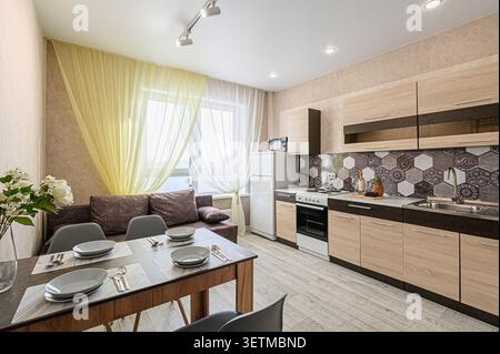 Accogliente appartamento con cucina a vista e zona soggiorno. Sono dotate di divano, tavolo da pranzo e cucina ben attrezzata con elettrodomestici moderni Foto Stock