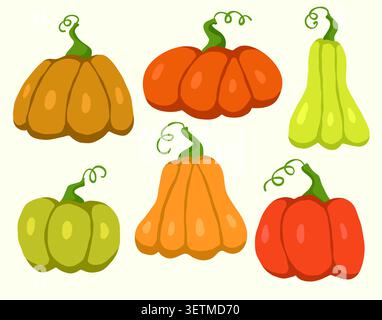 Set vettoriale piatto della collezione di zucche autunnali Illustrazione Vettoriale