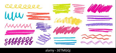 Linee di pastelli disegnate a mano, scarabocchi a matita, sfumature colorate, tratti giocosi, texture vettoriale realistica su sfondo bianco. Evidenziazione dei segni, colore delle onde di gesso e zigzag Illustrazione Vettoriale