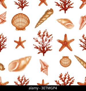 Motivo marino minimalista senza cuciture con conchiglie di vari acquerelli, coralli arancioni e stelle marine. Temi per bambini, nautica, viaggi. Adatto Foto Stock