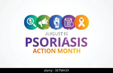 Il mese di sensibilizzazione della psoriasi si osserva ogni anno in agosto, è una condizione della pelle che provoca macchie rosse, flaky, croccanti di pelle ricoperte di argenteo Illustrazione Vettoriale