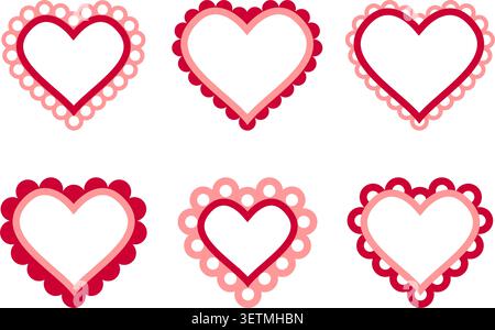 Set di cornici cardiache rosse e rosa con bordi smerlati. Graziose vignette di San Valentino per foto con volant isolati su sfondo bianco. Illustrazione piatta vettoriale. Illustrazione Vettoriale