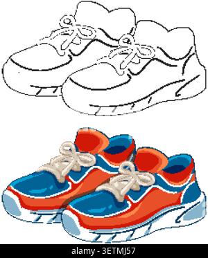 Illustrazione vettoriale di sneakers sportive presentate in colori vivaci e semplici contorni neri Illustrazione Vettoriale