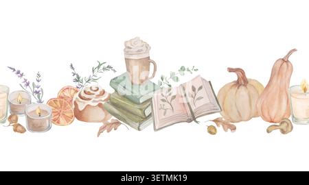 Accogliente bordo autunnale senza cuciture, libri di acquerelli dipinti a mano, tazza da caffè, rotolo di cannella, zucca e candele isolate su sfondo bianco. Vettore. Illustrazione Vettoriale