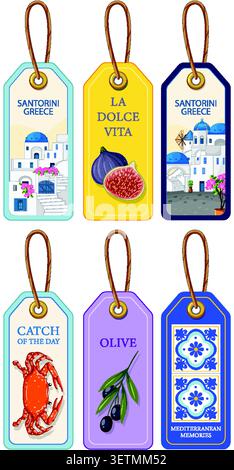 Illustrazione vettoriale piatta di sei etichette regalo colorate con cibo mediterraneo, architettura e piastrelle. Illustrazione Vettoriale