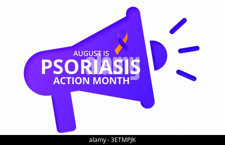 Il mese di sensibilizzazione della psoriasi si osserva ogni anno in agosto, è una condizione della pelle che provoca macchie rosse, flaky, croccanti di pelle ricoperte di argenteo Illustrazione Vettoriale