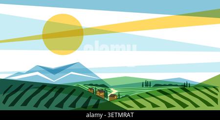 Sfondo geometrico astratto del paesaggio dei vigneti con grande sole, campi di uva verdi e colline, illustrazione vettoriale. Minimalista Italia Toscana natura desi Illustrazione Vettoriale