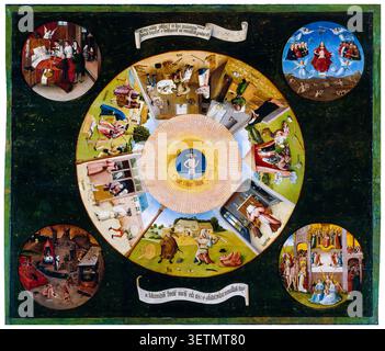 Laboratorio o seguace di Hieronymus Bosch, i sette peccati mortali e le quattro ultime cose, dipingendo a olio su tavola, circa 1505 Foto Stock