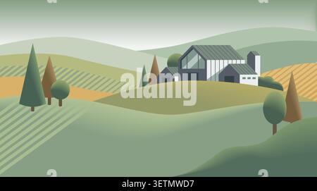 Moderno disegno piatto che raffigura un tranquillo paesaggio rurale con fienili, colline ondulate, lussureggianti campi agricoli e alberi. Illustrazione Vettoriale