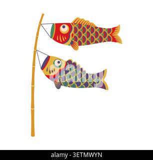 Cartoni animati koinobori giapponesi con due aquiloni colorati. Aquiloni volanti rossi e viola appesi al bastone di bambù per il saluto dei bambini Illustrazione Vettoriale
