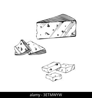 Una serie di illustrazioni di formaggi disegnati a mano e vettorizzati, raffiguranti vari tagli, fette e blocchi. Disegni in bianco e nero per menu e piatti Illustrazione Vettoriale