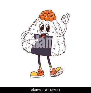 Cartoon Groovy Giapponese onigiri sushi roll carattere. Simpatico personaggio di palla di riso triangolare hippie d'epoca con alghe e condimento al caviale. Ristorante asiatico, con atmosfera funky e sorriso y2k Illustrazione Vettoriale