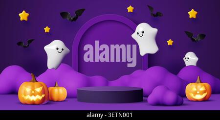 Podio vettoriale di Halloween in 3d con divertenti fantasmi volanti, spaventose lanterne di zucca e soffici nuvole, pipistrelli scuri nel cielo stellato. Festa di Halloween, promozione promozione vendita prodotti, espositore a piattaforma viola Illustrazione Vettoriale