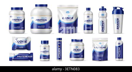 Modello di pacchetto di nutrizione sportiva, contenitori e confezioni di integratori proteici. Bottiglie di plastica bianca 3D vettoriali, barattoli e sacchetti di prodotti per la nutrizione sportiva, alimenti a base di proteine del siero di latte e confezioni di bevande energetiche Illustrazione Vettoriale