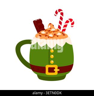 Tazza festosa di elfo natalizio traboccante di cacao montato, marshmallow, barretta di cioccolato e bastoncini di zucchero. Tazza da bevanda Eggnog accogliente in stile cartone animato e dessert dolce stagionale giocoso per le celebrazioni invernali Illustrazione Vettoriale
