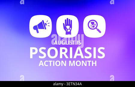 Il mese di sensibilizzazione della psoriasi si osserva ogni anno in agosto, è una condizione della pelle che provoca macchie rosse, flaky, croccanti di pelle ricoperte di argenteo Illustrazione Vettoriale