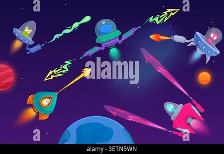 Battaglia spaziale aliena. Simpatici alieni cartoni animati in astronavi con armi laser. Scena di gioco, guerra dei viaggiatori dell'universo e dei cittadini, scena vettoriale sapid Illustrazione Vettoriale