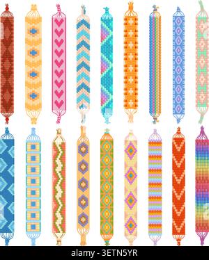 Bracciali etnici intrecciati. Braccialetto colorato diverso da fili o perline. Accessori hippie dell'amicizia. Laboratorio per bambini gioielli fatti a mano, sapid Illustrazione Vettoriale