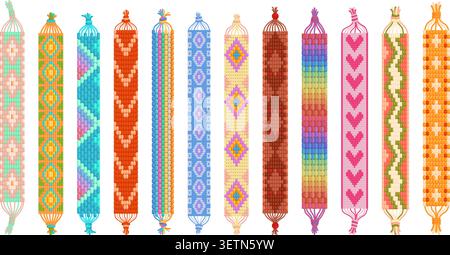 Bracciale filettato. Bracciali artigianali in stile hippy. Bambini o laboratori artigianali che tessono fili o perline. Eleganti accessori estivi, set vettoriale sapid Illustrazione Vettoriale