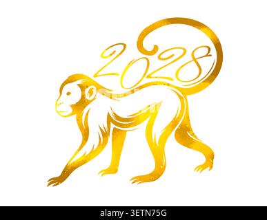 Felice anno nuovo della scimmia d'oro 2028 biglietto d'auguri per l'anno della scimmia secondo il calendario cinese. Disegnato a mano. Non IA, vettore Illustrazione Vettoriale