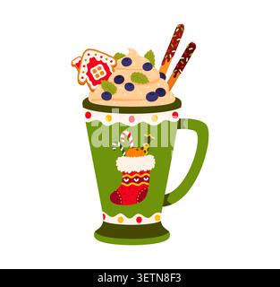 Tazza verde natalizia, dolce natalizio accogliente e di stagione per festeggiare con eggnog, cremosa con condimento, mirtillo fresco, biscotti casalinghi di pan di zenzero, bastoncini di biscotti ricoperti di cioccolato Illustrazione Vettoriale