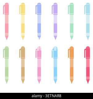 Graziose icone a penna pastello con design piatto. Strumenti di scrittura colorati per collezioni di cancelleria, grafica didattica, forniture per ufficio, classe Illustrazione Vettoriale