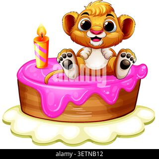 Adorabile illustrazione vettoriale di un cucciolo di leone seduto su una torta di compleanno smerigliata rosa. Illustrazione Vettoriale
