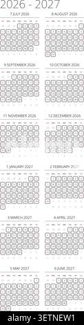 Inglese 2026-2027 verticale 2x6 griglia minimalista Wireframe Calendario annuale linea vuota Art Schedule Page (compatibile con 2037-2038 e 2054-2055). Illustrazione Vettoriale