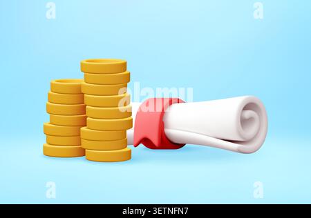 Rotolo Diploma 3D con nastro e monete dorate Illustrazione Vettoriale