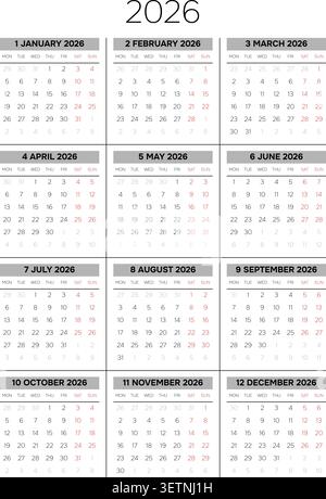 Inglese 2026 Vertical 3x4 Grid Clean Sans Serif Annual Planner Swiss Typographic Wall poster (compatibile con 2037 e 2043). Illustrazione Vettoriale