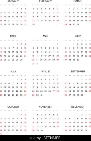 Inglese 2032 verticale 3x4 griglia Monochrome Calendario tipografico poster Swiss Design Annual Sheet (compatibile con 2060). Illustrazione Vettoriale