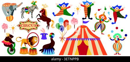 Set Circus chapito. Personaggi vettoriali di uomo forte, clown, giocoliere e mago. Elefante, leone, cavallo, zebra, foche e orso sul palco del circo Illustrazione Vettoriale