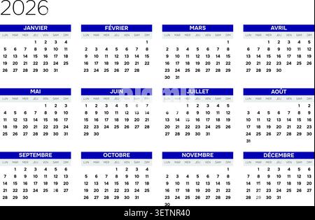 Calendario annuale minimalista del flusso di lavoro della griglia lineare monocromatica 4x3 orizzontale francese 2026 (compatibile con 2037 e 2043). Illustrazione Vettoriale