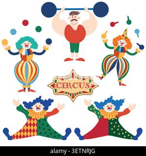 Set Circus chapito. Personaggi vettoriali di uomo forte, clown, giocoliere e mago. Elefante, leone, cavallo, zebra, foche e orso sul palco del circo Illustrazione Vettoriale