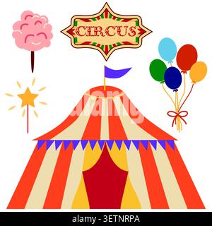 Set Circus chapito. Personaggi vettoriali di uomo forte, clown, giocoliere e mago sul palco del circo Illustrazione Vettoriale