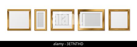 Eleganti cornici dorate con bordi in legno o metallo per foto e opere d'arte, set vettoriale realistico 3d isolato su sfondo bianco. Classico design dorato per certificati e dipinti Illustrazione Vettoriale