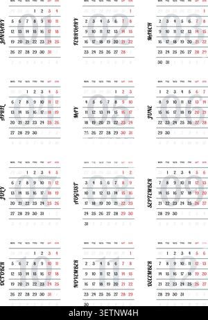 Inglese 2026 griglia verticale 3x4 griglia tipografica stile svizzero Calendario annuale minimalista parete (compatibile con 2037 e 2043). Illustrazione Vettoriale