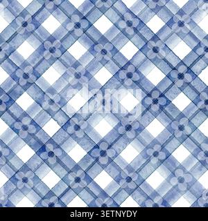 Acquerello dipinto a mano con motivo a quadri blu e motivi floreali traslucidi. Delicato sfondo geometrico floreale per tessuti Foto Stock