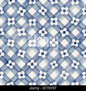 Motivo senza cuciture ad acquerello dipinto a mano con strisce reticolari blu, motivi floreali bianchi e forme a diamante. Elegante sfondo geometrico floreale f Foto Stock