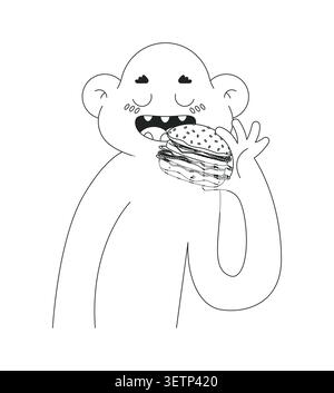Simpatica mascotte funky che mangia hamburger line art character Illustrazione Vettoriale