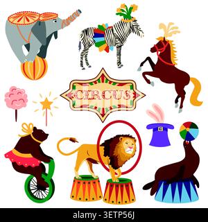 Set Circus chapito. Personaggi vettoriali di uomo forte, clown, giocoliere e mago. Elefante, leone, cavallo, zebra, foche e orso sul palco del circo Illustrazione Vettoriale